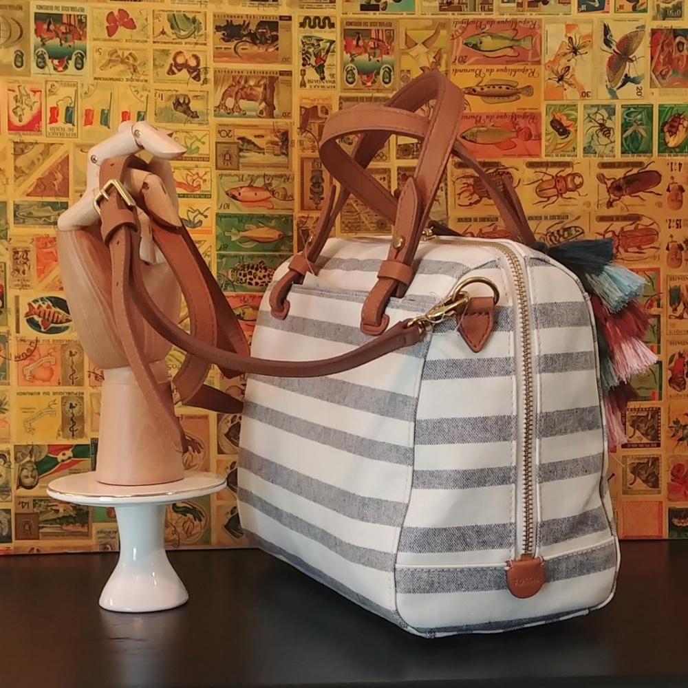 NEW! Fossil Rachel Satchel Blue Stripe Crossbody - Picture 3 of 7